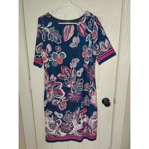 Liz Claiborne Navy Blue Peach Floral Short Sleeve Midi Shift Stretch Dress 12